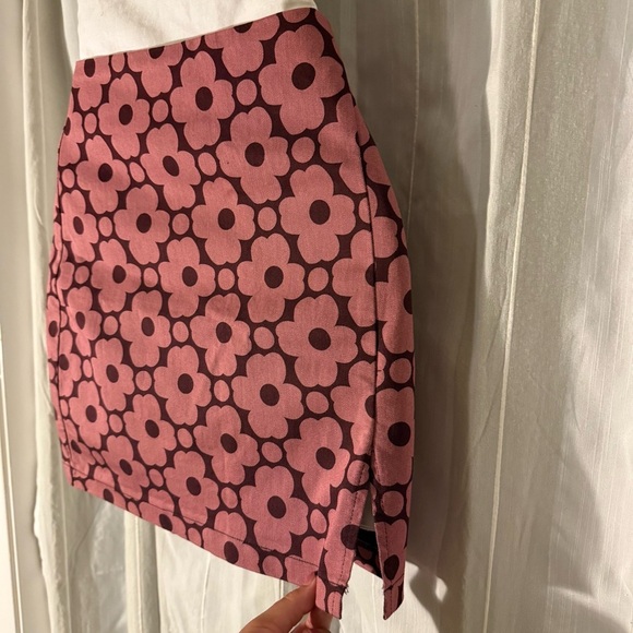 Urban Outfitters Floral Mini Skirt Pink & Brown Retro Mod A-Line Cotton Blend S - Picture 3 of 12